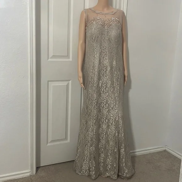 xscape beaded illusion dress Petite "Cathleen" Sheer Matte Jersey Beaded Neckline Ruffle Floor Length  Dress